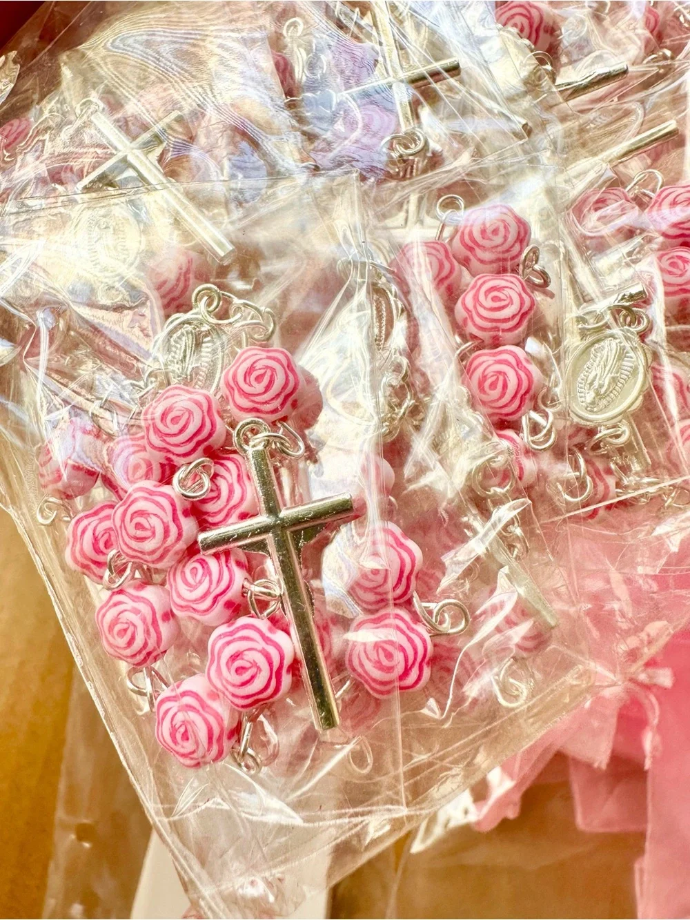 100 Piece Pink Baptism Favors Set with Rosary, Tags, Pink Bags, Cross Boxes